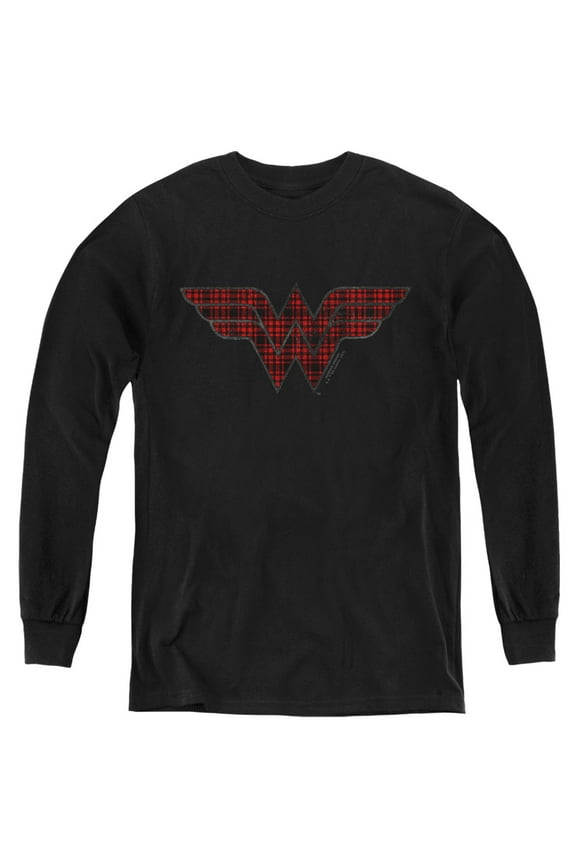 Dc Wonder Woman Plaid Wonder Woman Logo Kids Long Sleeve T Shirt (X-Large) for Youth Boys and Girls, Black