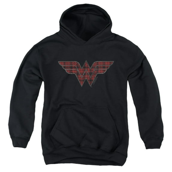 Dc Wonder Woman Plaid Wonder Woman Logo Kids Pull-Over Hoodie (Medium) for Youth Boys and Girls, Black
