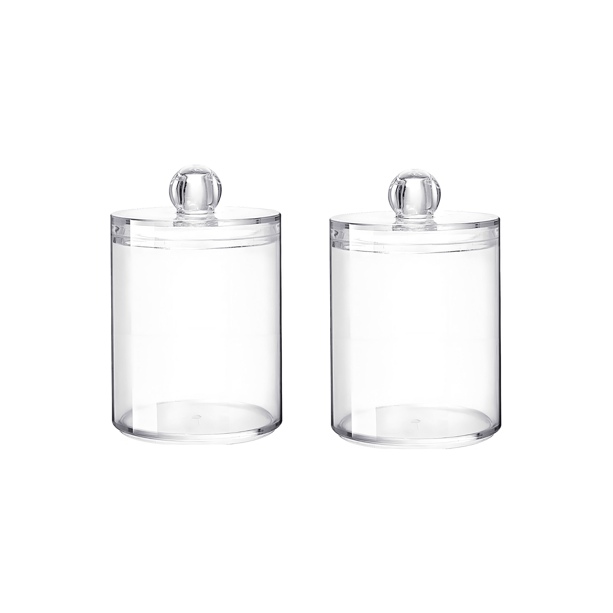 DcGZvy 2PC Holder Dispenser for Cotton Swabs, Balls, Pads, Floss Picks- Small Clear Plastic Canister Apothecary Jar Set, Bathroom Essentials Accessories Decor Vanity Makeup Storage Organizer