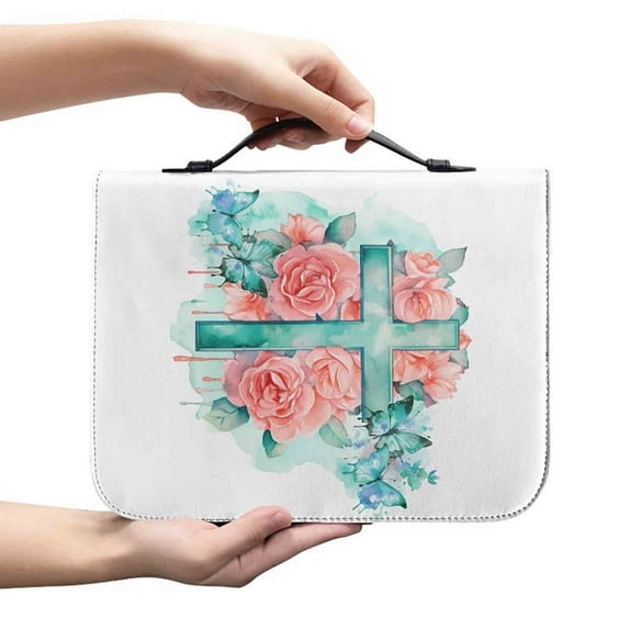 DcGZvy Bible Case for Women Lightweight Bible Cover PU Leather Bible Tote Bag Church, Portable Scripture Bag for Bible Study Supplies, Floral Cross Print Bible Bag with Handles