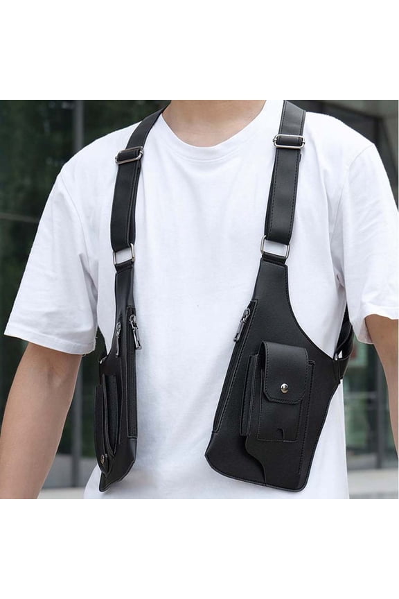 Leather Underarm Bag, Outdoor Phone Bag, Black Leather Strap Wallet, Shoulder Holster for Men Multi Pocket