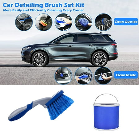 Dcenta 10PCS Car Wash Cleaning Tools Kit Automobile Detailing Brush Dash Duster Brush Washing Mitt Towels Foldable Bucket with Storage Bag for Interior Exterior Cleaning