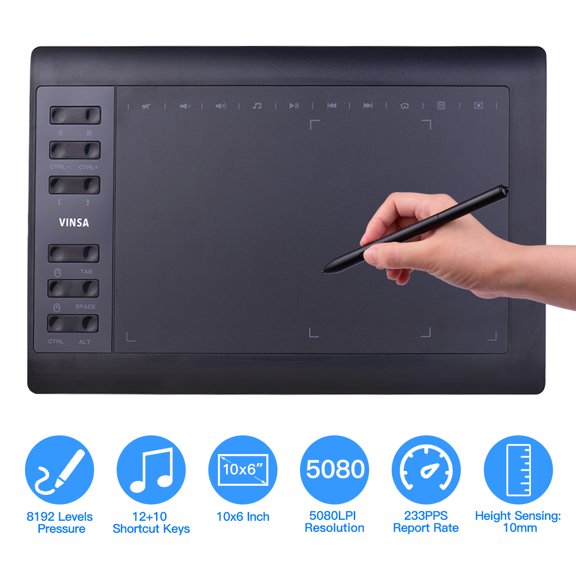 Dcenta 10x6 In Professional Graphics Drawing Tablet with 12 Express Keys/8192 Levels Battery-Free Stylus/8pcs Nibs