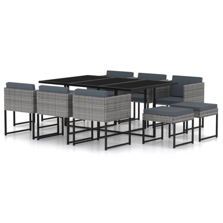 Dcenta 11 Piece Patio Dining Set with Cushions Poly Rattan Gray