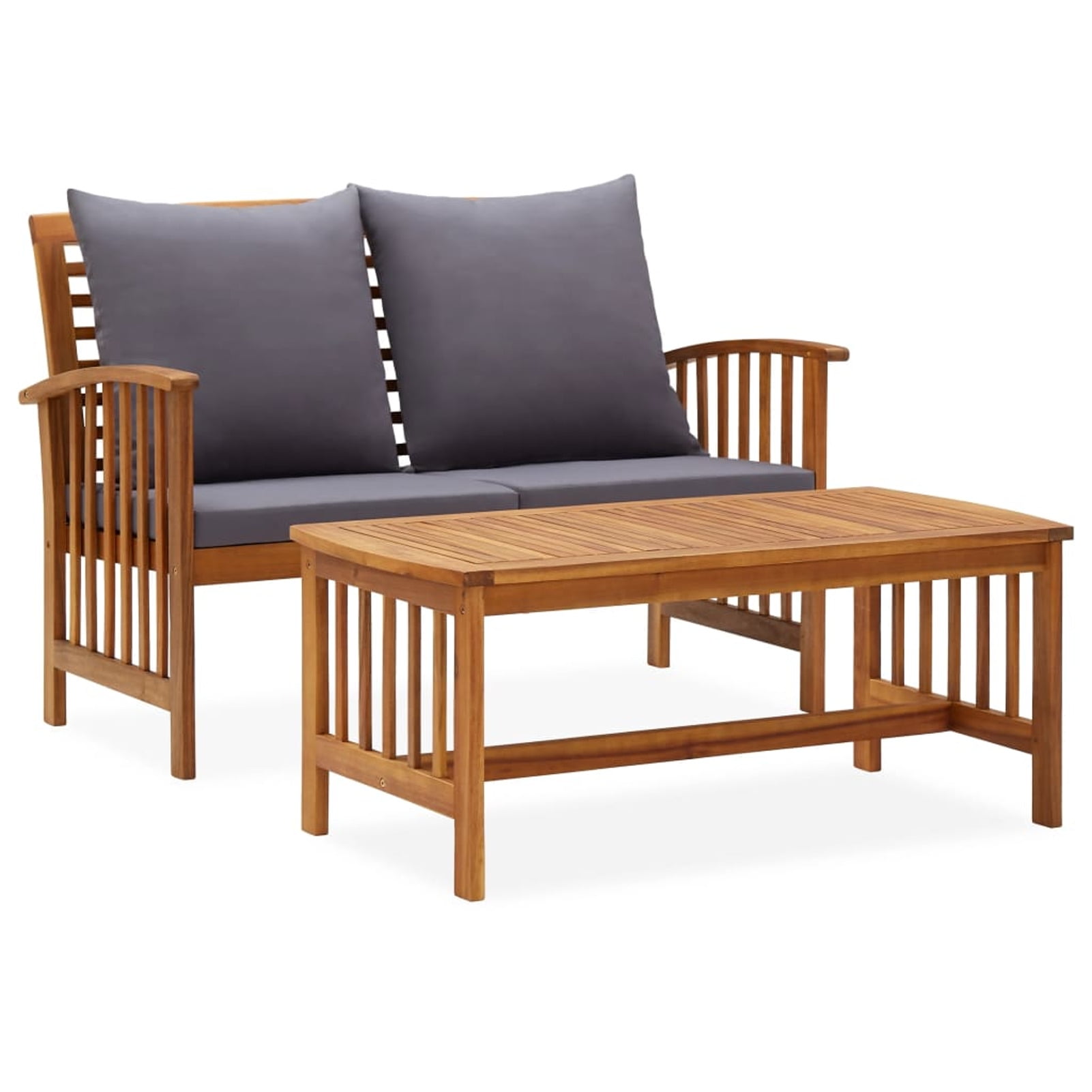 Dcenta 2 Piece Wooden Conversation Set Garden Bench with Gray Cushion