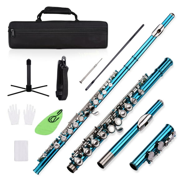 Dcenta Closed Hole C Flute 16 Keys Cupronickel Nickel-plated Wind Instrument with Carry Case Flute Stand Gloves Cleaning Cloth Mini Screwdriver Cleaning Rod