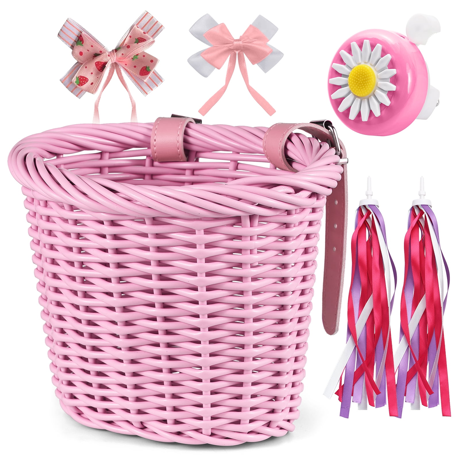 Dcenta Kids Bike Basket with Handlebar Streamers, Front Bike Accessories for Girls Ages 3 13