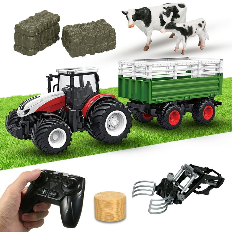Dcenta Remote Control Tractor, 1 : 24 Scale 2.4GHz Remote Control Tractor Toy with Trailer Gripper Hay Bales Screwdriver Cows, Size: 19.5
