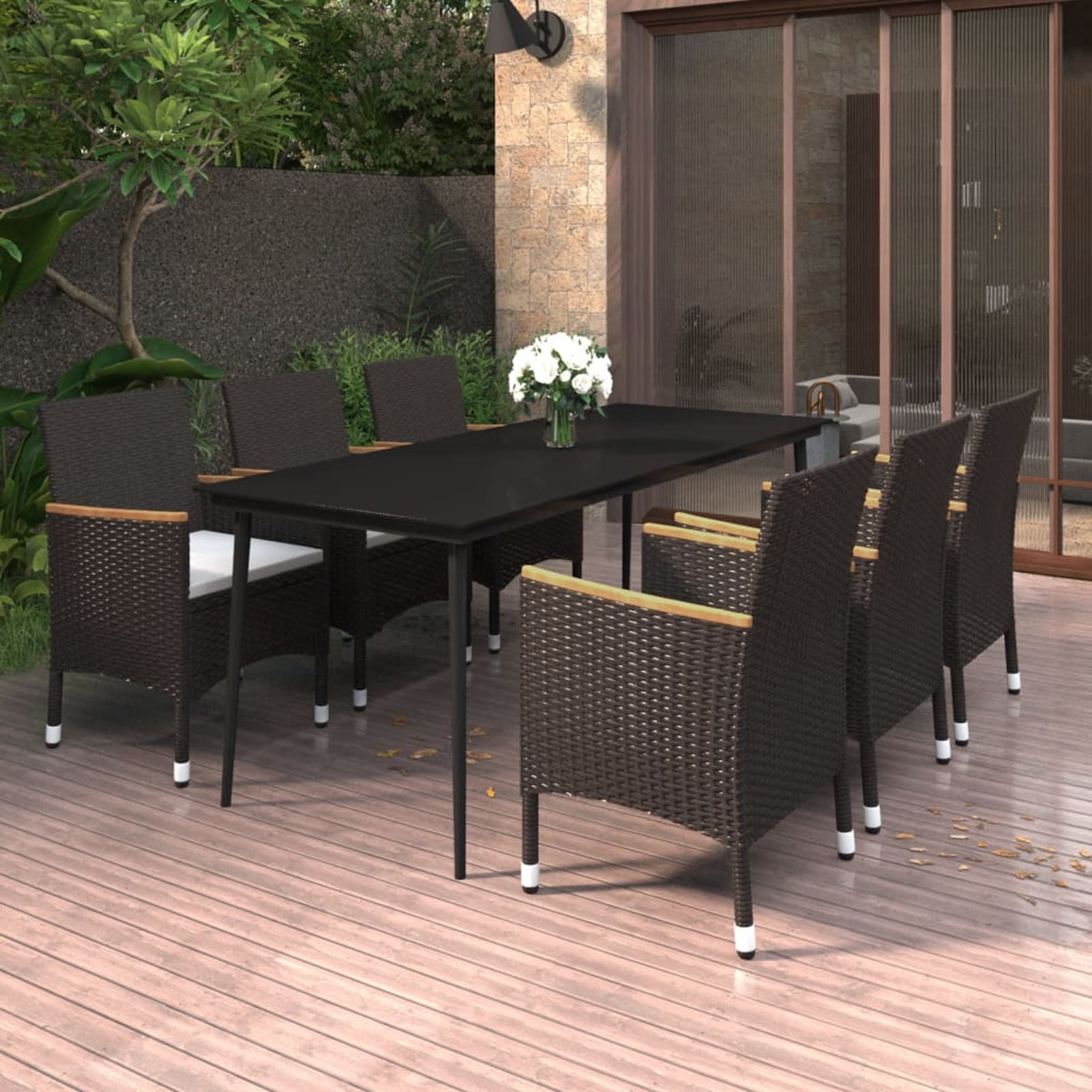 Dcenta Set of 7 Outdoor Dining Set Glass Tabletop Table and 6 Garden