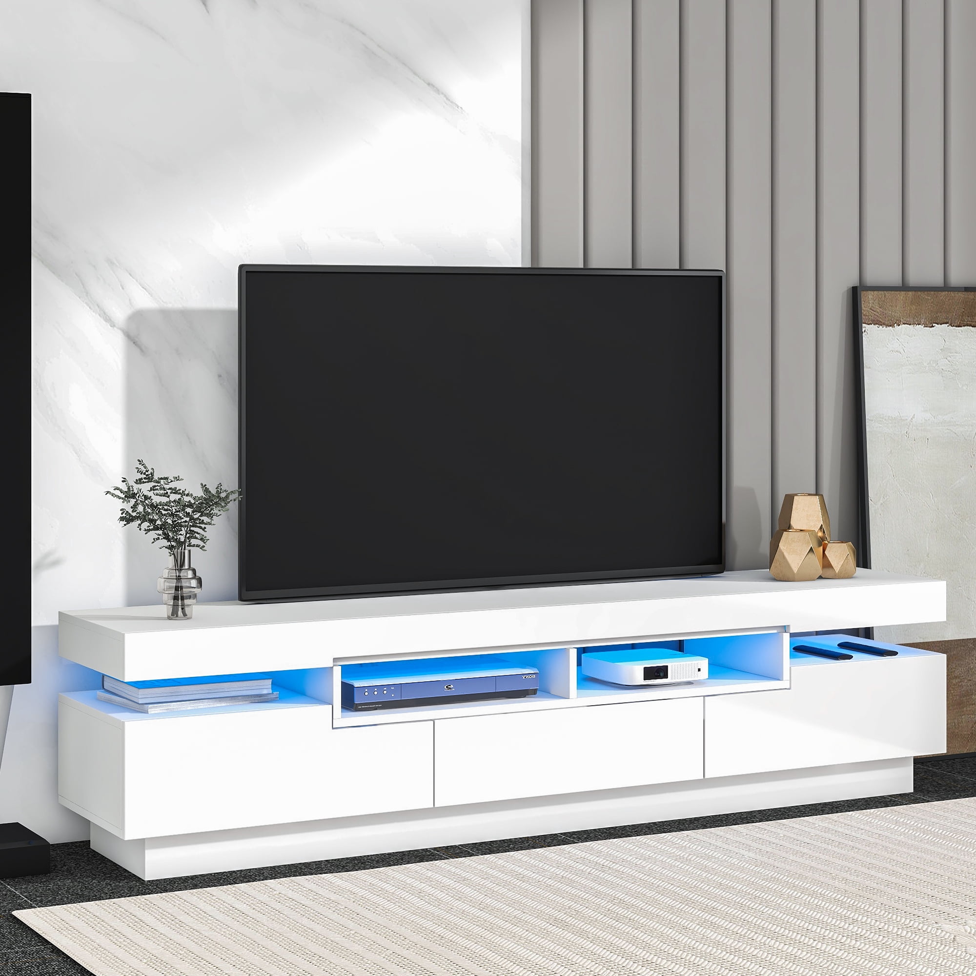 Dcenta TV Stand with 4 Open Shelves, Modern High Gloss Entertainment