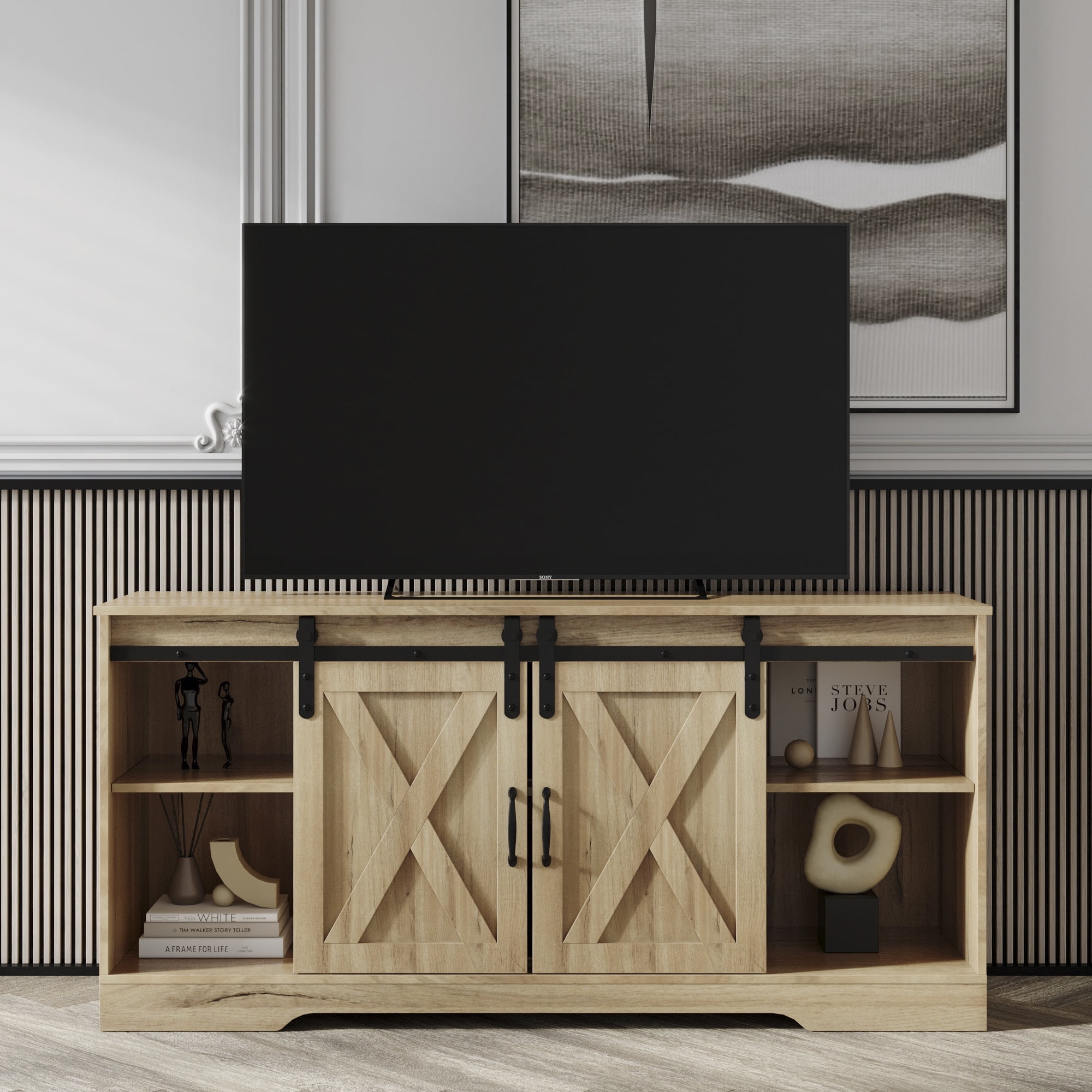 Dcenta TV Stand Sliding Barn Door Modern&Farmhouse Wood Entertainment
