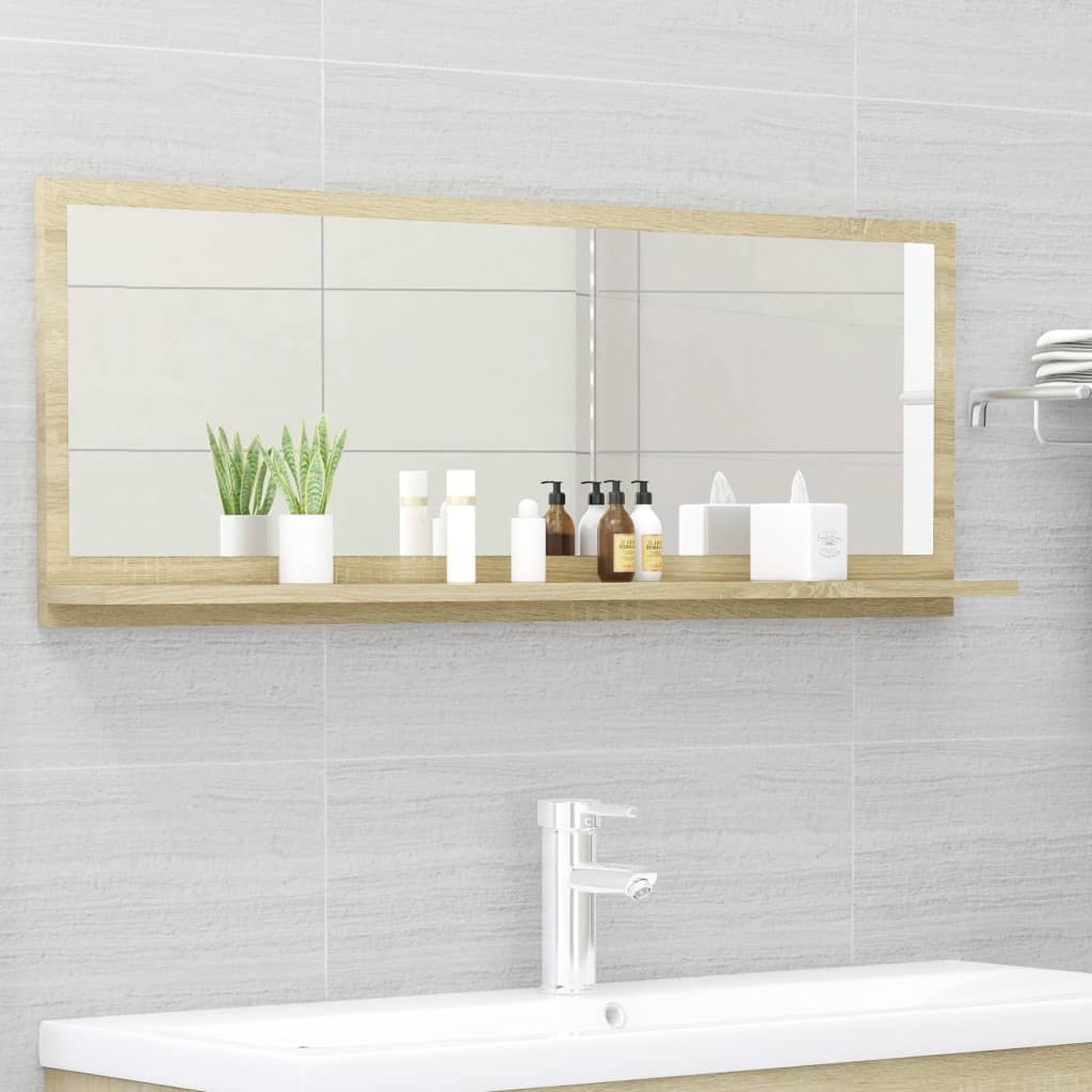 Dcenta Wall Mirror with Storage Shelf Chipboard Bathroom Mirror Sonoma