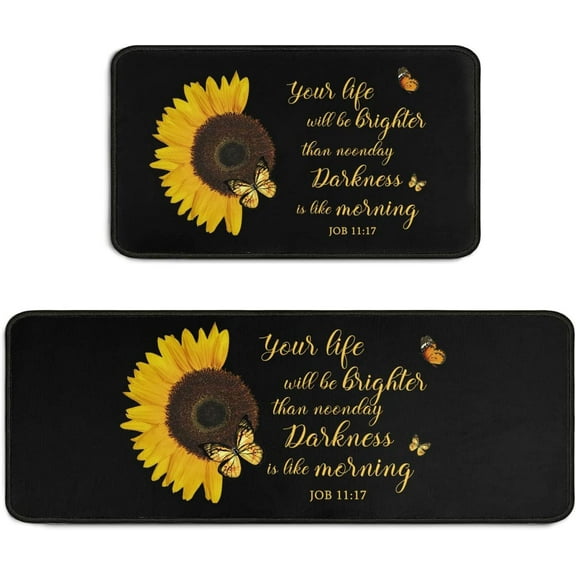 Dcohluk 2 Pieces Sunflower Bible Verse Kitchen Decoration Rug Set, Waterproof Kitchen Mat and Runner Rugs Washable for Kitchen Sink, Sunflower Decor Indoor 17" x 47" + 17" x 23" (Black 2)