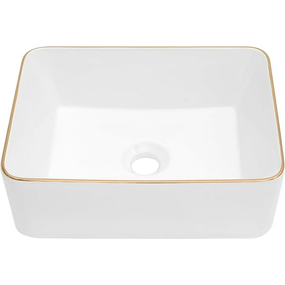 Dcolora 16"x12" Rectangular Vessel Sink with Golden Rim  White Ceramic Bathroom Sink, Modern Above Counter Vanity Basin, Stylish Sink for Bathroom Remodel, Luxury Lavatory Sink