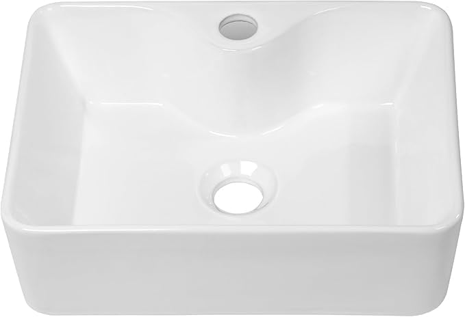 White Ceramic Rectangular Vessel Sink with Faucet Hole, 16" x 12"
