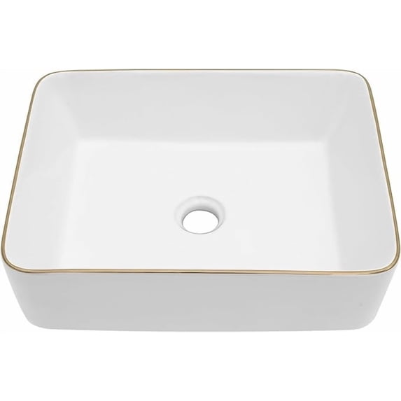 Dcolora 19"x15" Rectangular Vessel Sink with Golden Rim – White Ceramic Bathroom Sink, Modern Above Counter Vanity Basin, Stylish Sink for Bathroom Remodel, Luxury Lavatory Sink