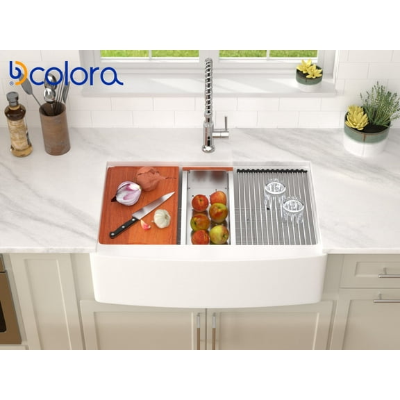 Dcolora 33-Inch White Farmhouse Sink  Ceramic Fireclay Porcelain Single Bowl with Slide Ledge & Curved Apron Front  Elegant Workstation for Kitchen, 33"x21"x10"