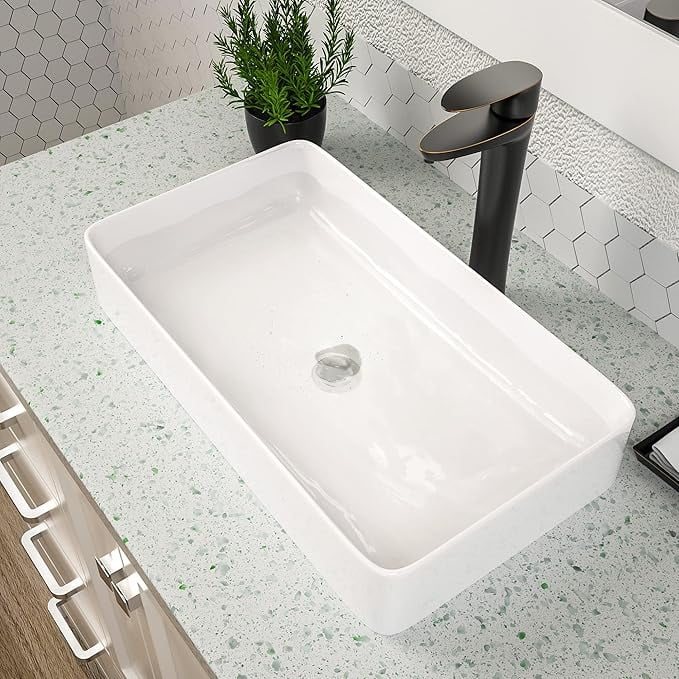 Dcolora Above Counter Bathroom Sink  24" x 14" White Porcelain Ceramic Rectangular Vessel Sink for Above-Counter Installation, Modern Lavatory Vanity Bath Sink Bowl Basin