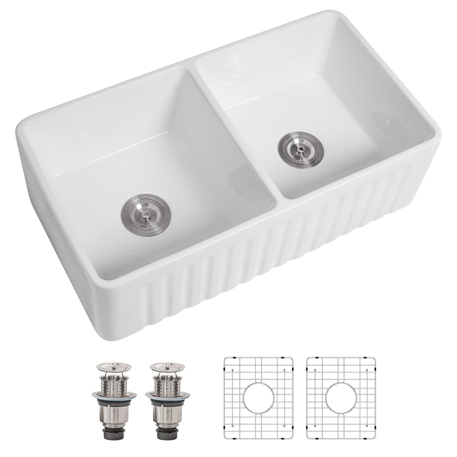 Dcolora Double Bowl Farmhouse Kitchen Sink Reversible Front Apron White Fireclay Ceramic Sink Undermount Barn Sink 33"W18"D10"H,DC-A8871