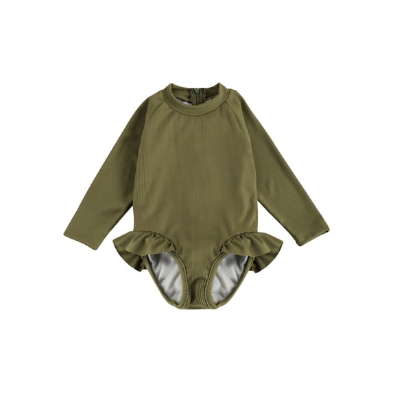 DcoolMoogl 1-5T Toddler Little Girl One Piece Swimsuit Ruffled Long Sleeve Zip Up Rash Guard Swimwear Bathing Suit