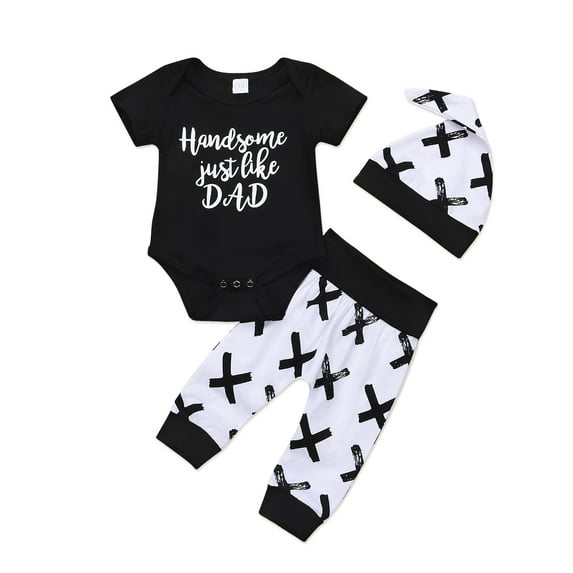 DcoolMoogl 3Pcs Baby Boy Cotton Clothes Newborn Infant Bodysuit Summer Short Sleeve Romper +Pants+Beanie Hat Outfits Set Black 0-6 Months
