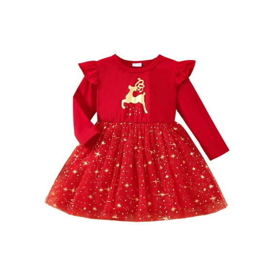 DcoolMoogl Infant Baby Girl Christmas Dress Red Princess Tulle Dress Elk Star Print Long Sleeve with Headband Fall Xmas Outfits