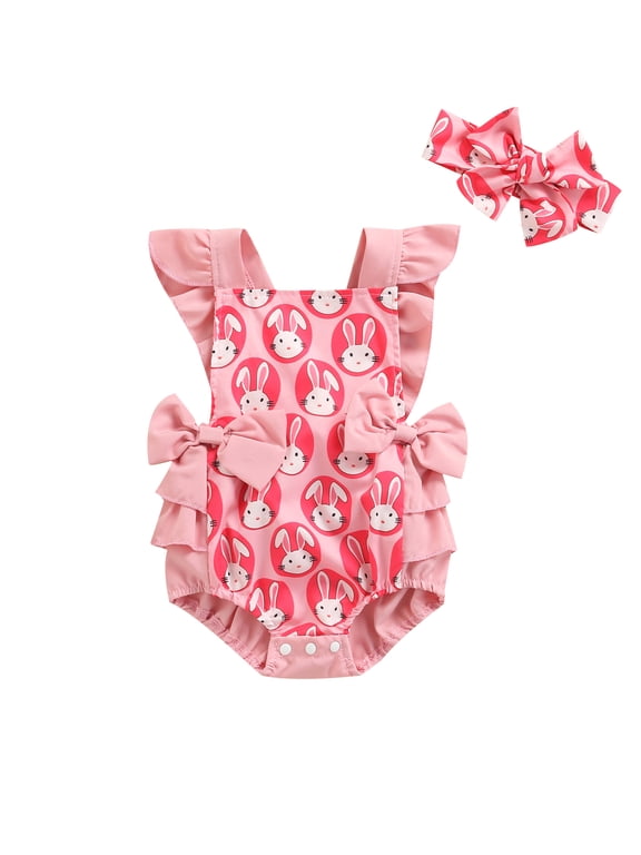 Infant Newborn Baby Gril Easter Outfit Sleeveless Romper Bunny Ruffle Bodysuit Onesie My First Easter Clothes Playsuit