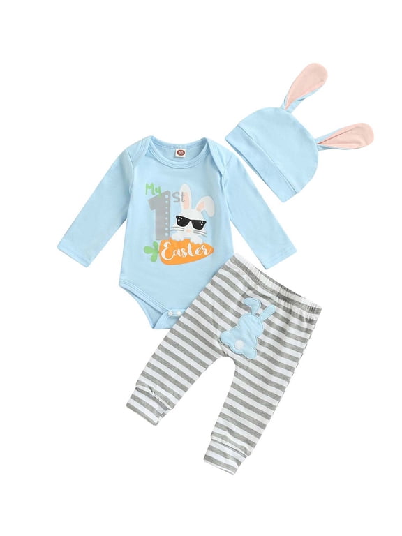 Newborn Baby Boy Easter Outfit Short Sleeve My First Easter Romper Bodysuit Tops Pants Hat Bunny Clothes Set
