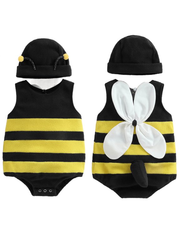 Newborn Infant Baby Boys Girls Bee Romper Back White Wing Jumpsuits with Hat Halloween Outfits Yellow 6-12 Months