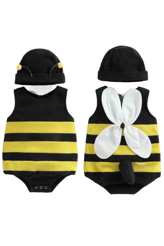 Newborn Infant Baby Boys Girls Bee Romper Back White Wing Jumpsuits with Hat Halloween Outfits Yellow 6-12 Months