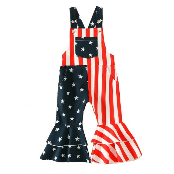 DcoolMoogl Toddler Baby Girl 4th of July Outfit Stars Stripes Bell Bottoms Pants Overalls Independence Day Suspender Clothes Contrast Color Pants 12-18 Months