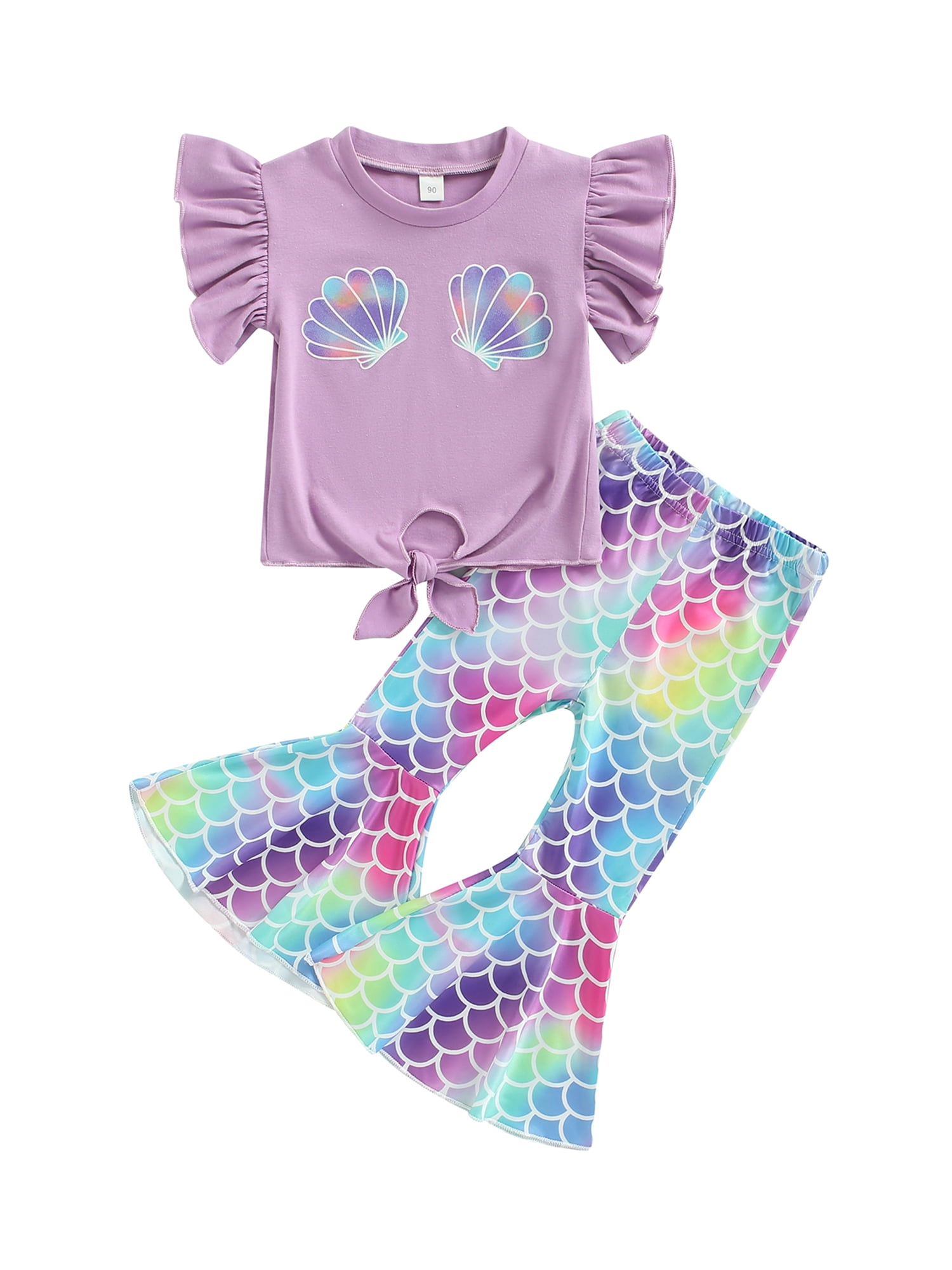 Summer Hot Selling Baby Kids Girls Fly Sleeves Cartoon Pattern T-shirt and Pants Clothing Set