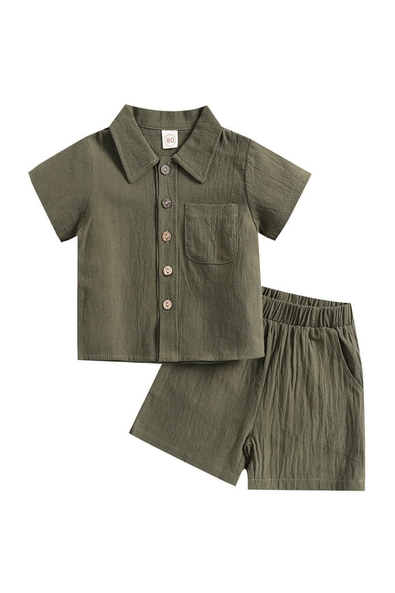 Toddler Kids Baby Boys Cotton Linen Clothes Set Short Sleeve Button Down Shirt Top and Shorts 2Pcs Summer Outfit Army Green 2-3 Years