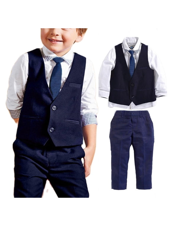 Toddler Kids Boy Formal Suit Shirt Waistcoat Pants Tie Gentleman 4Pcs Outfits Set Evening Dress