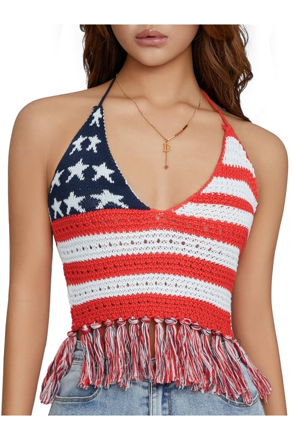 Women 4th Of July Halter Cami Tank Tops Sexy American Flag Crochet Crop Tops Summer Knit Bikini Shirts Tops Red Blue L
