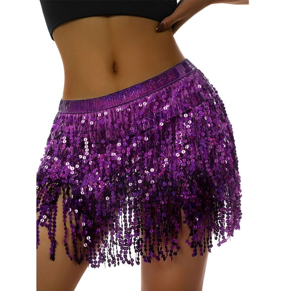 DcoolMoogl Women Belly Dance Hip Sequin Tassel Skirt Sparkly Fringe Scarf Wrap Rave Costume Space Cowgirl Outfit