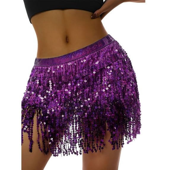DcoolMoogl Women Belly Dance Hip Sequin Tassel Skirt Sparkly Fringe Scarf Wrap Rave Costume Space Cowgirl Outfit