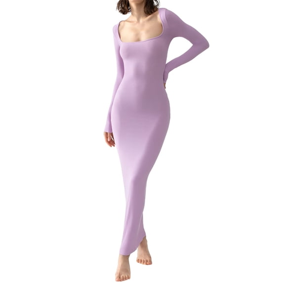 DcoolMoogl Women Bodycon Maxi Dress Solid Color Knitted Ribbed Square Neck Long Sleeve Sexy Elegant Evening Party Formal Dress