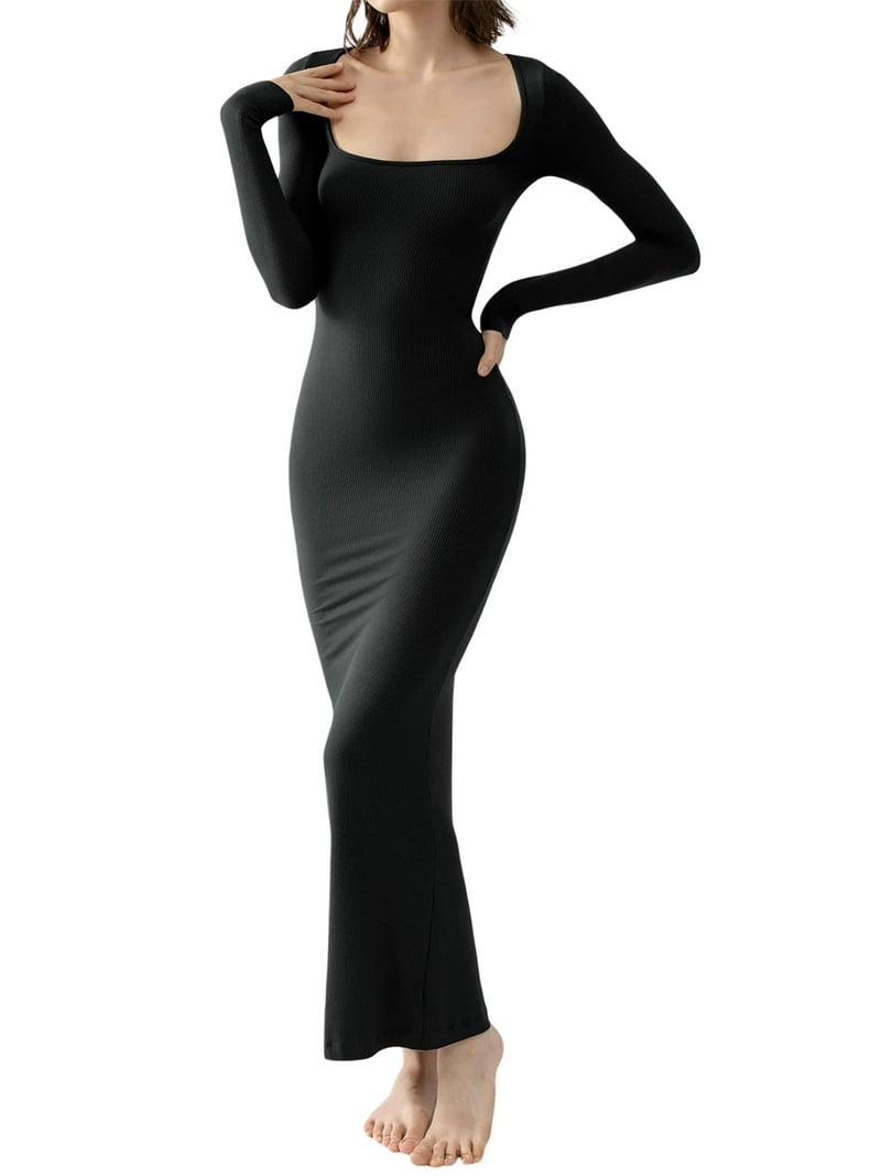 DcoolMoogl Women Bodycon Maxi Dress Solid Color Knitted Ribbed Square Neck Long  Sleeve Sexy Elegant Evening Party Formal Dress - Walmart.com