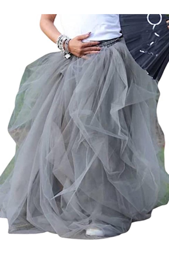 Women Hi Slit Tutu Maxi Dress Tulle Ruffle Mesh Lace Long Skirt Layered Evening Dress Wedding Night Party Skirt