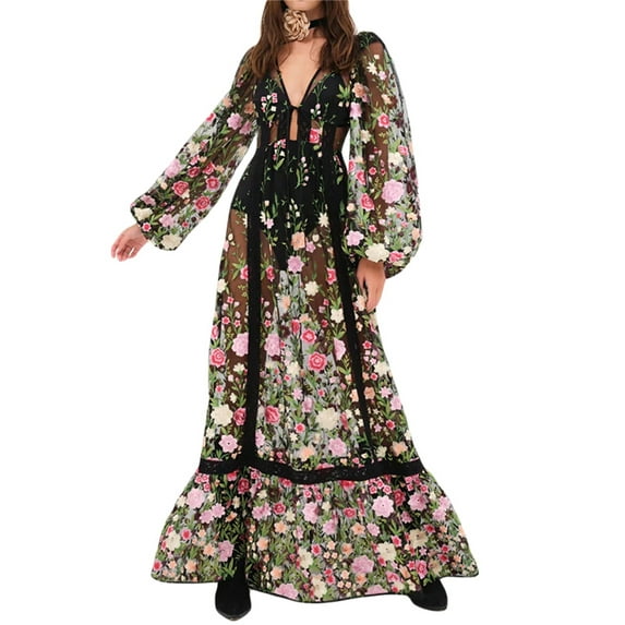 DcoolMoogl Women Lace Dress Sexy See Through Mesh Floral Long Beach Dress Long Sleeve Backless Cover Up Maxi Dresses