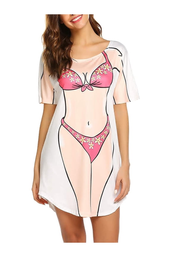 Women's Bikini Shirt Cover Up Short Sleeve Cute 3D Bikini Print Swimwear Cover-Up Baggy T Shirt Dress Fun Wear Pink Flower L