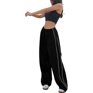 DcoolMoogl Women's Parachute Pants Cargo Trousers Elastic Waist Wide Leg Track Pants Y2k Clothing