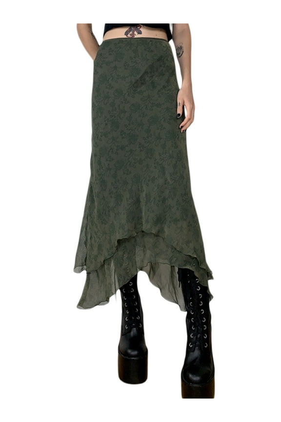 Women's Y2k Fairy Grunge Midi Skirts High Waist Art Print A-Line Long Skirt  Fashion 90s E-Girls Autumn Streetwear