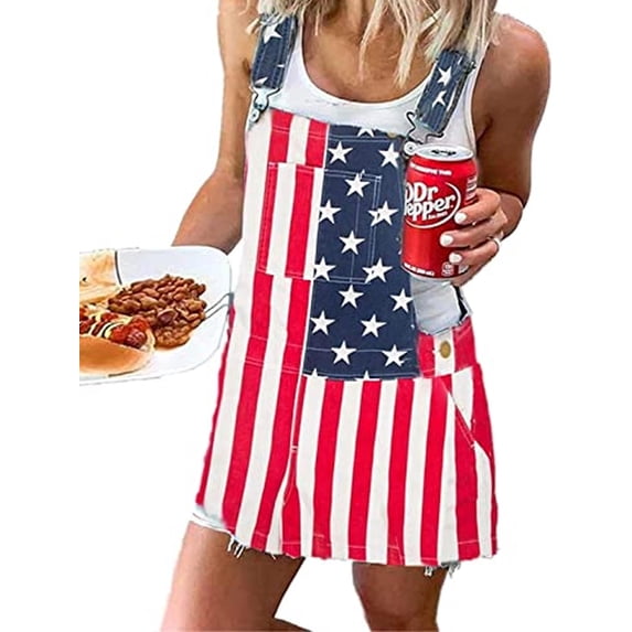 DcoolMoogl Womens Rompers Jumpsuits 4th of July American Flag Overalls Bib Denim Shorts Onesie Romper Jeans