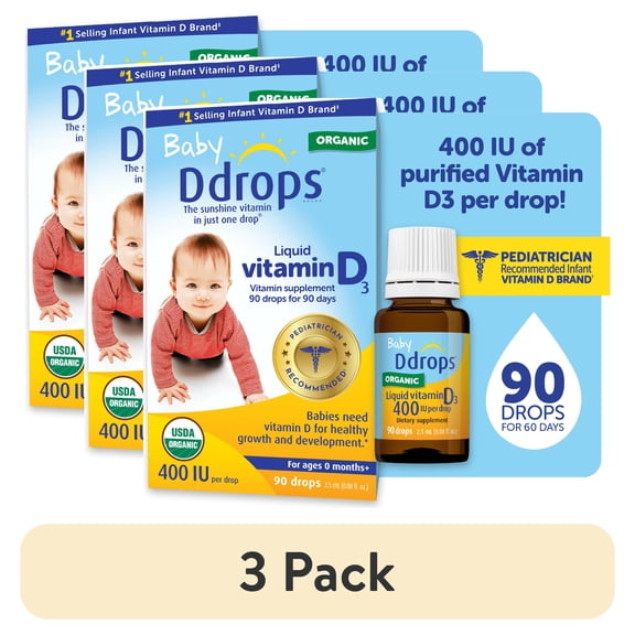 (3 pack) Ddrops Baby Vitamin D Liquid Drops, 400 IU, 90 Ct