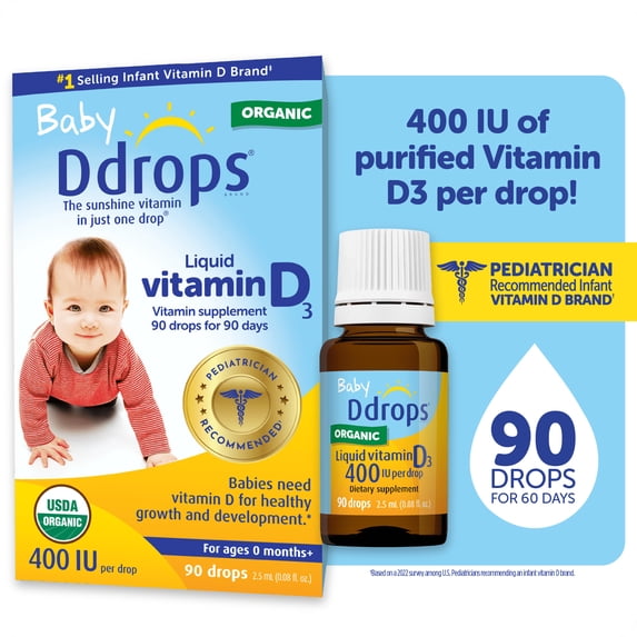Baby Ddrops Organic Vitamin D3 Drops, 400 IU Per Drop, 0.08 fl oz