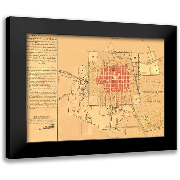 De Aguila 24x18 Black Modern Framed Museum Art Print Titled - Panoramic Mexico City Mexico - De Aguila 1794