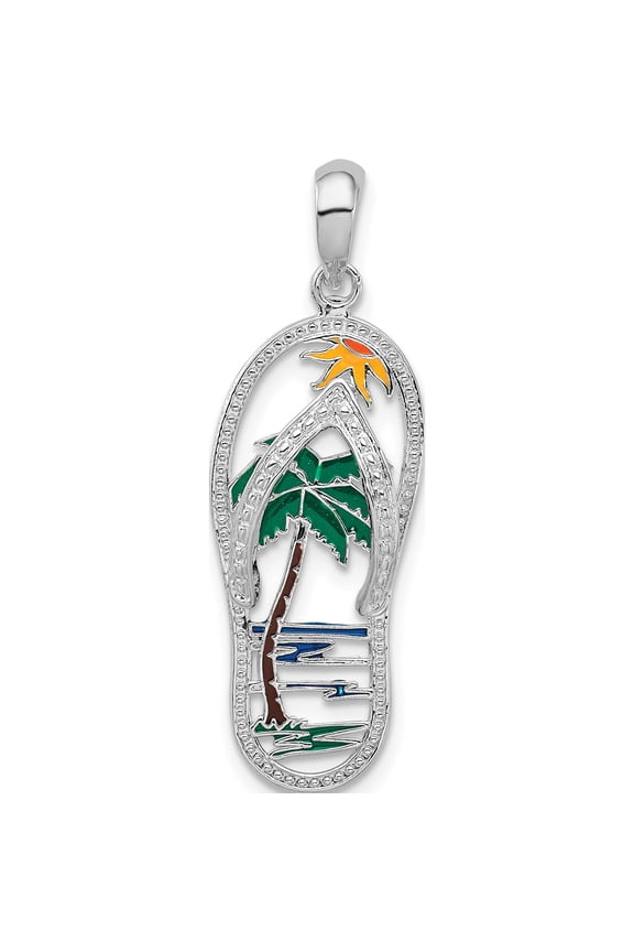 De-Ani Sterling Silver Rhodium-plated Polished Enameled Palm Tree Flip-flop Pendant