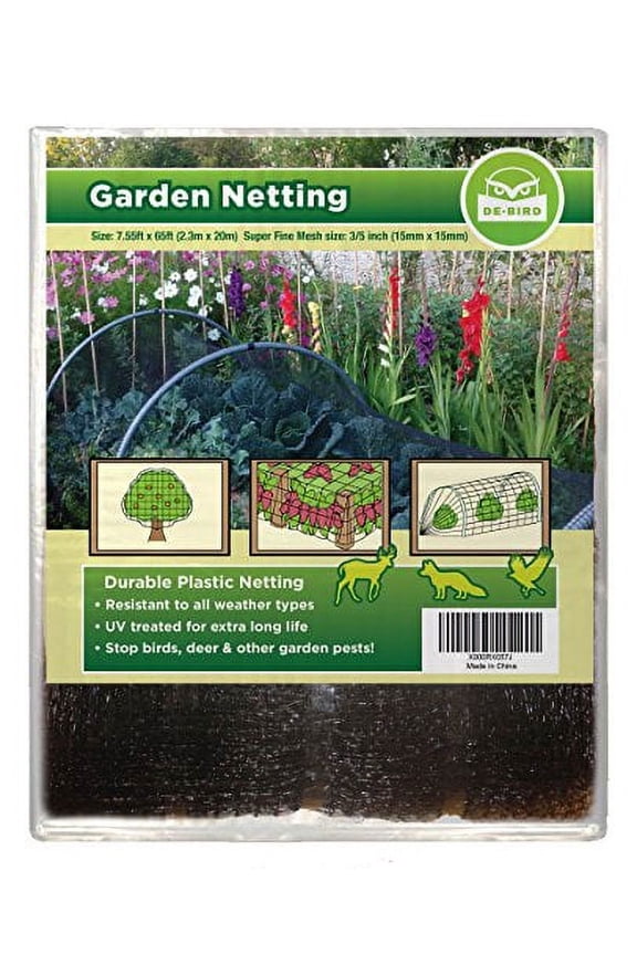 De-Bird Bird Netting for Garden - 7.5 ft x 65 ft, Green Plastic - Garden Mesh Netting - Animal Fence & Plant Protection
